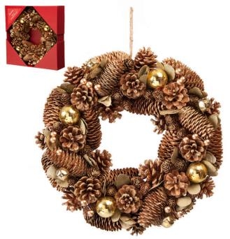 36cm gold balls and berries pinecone wreath in box