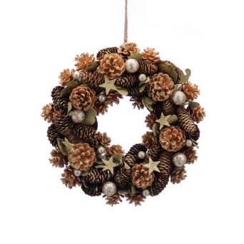 36cm gold pinecone and gold star wreath in box