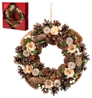 36cm gold rose and pinecone wreath in box