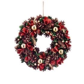 36cm red flower, gold bauble wreath in box