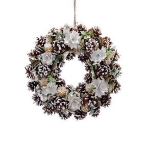 36cm snow covered pinecones wreath in box