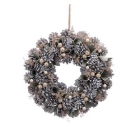 36cm white pinecone and gold berries wreath in box